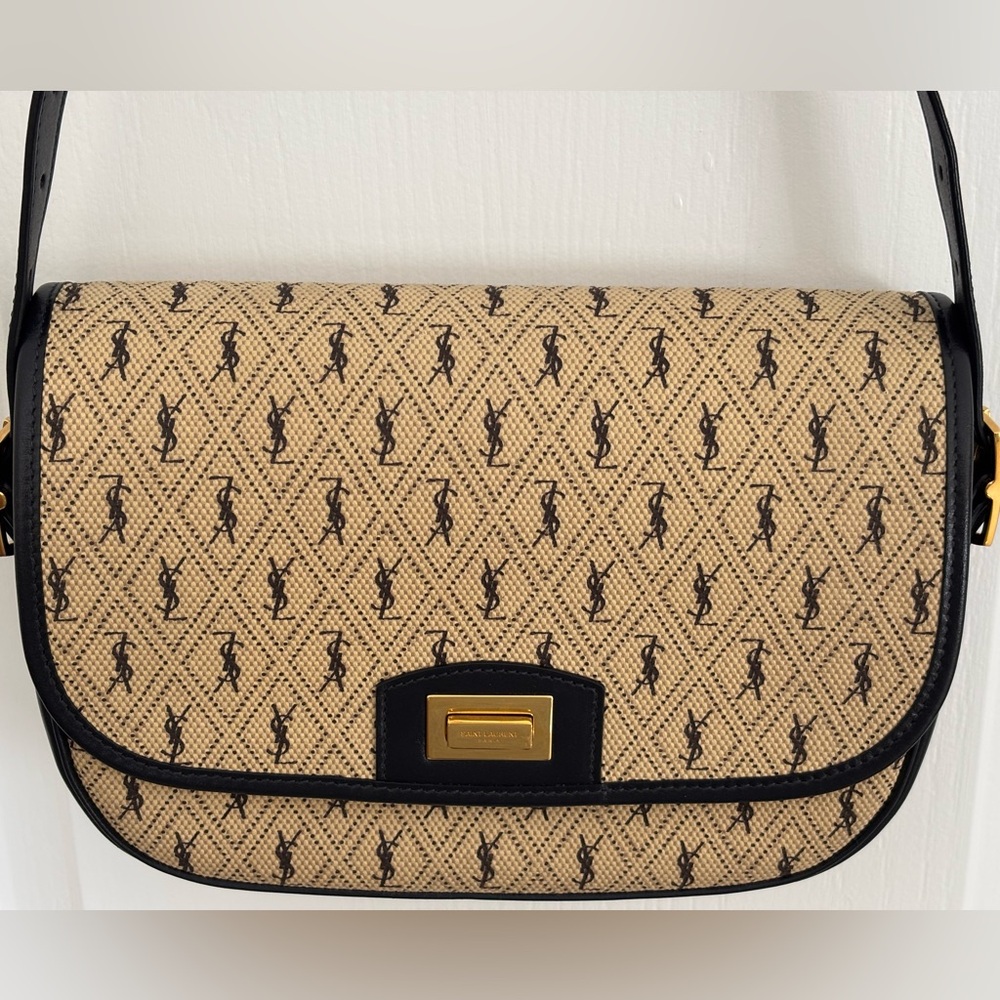 Yves Saint Laurent Monogram Canvas and Leather Gold Hardware Shoulder Bag
